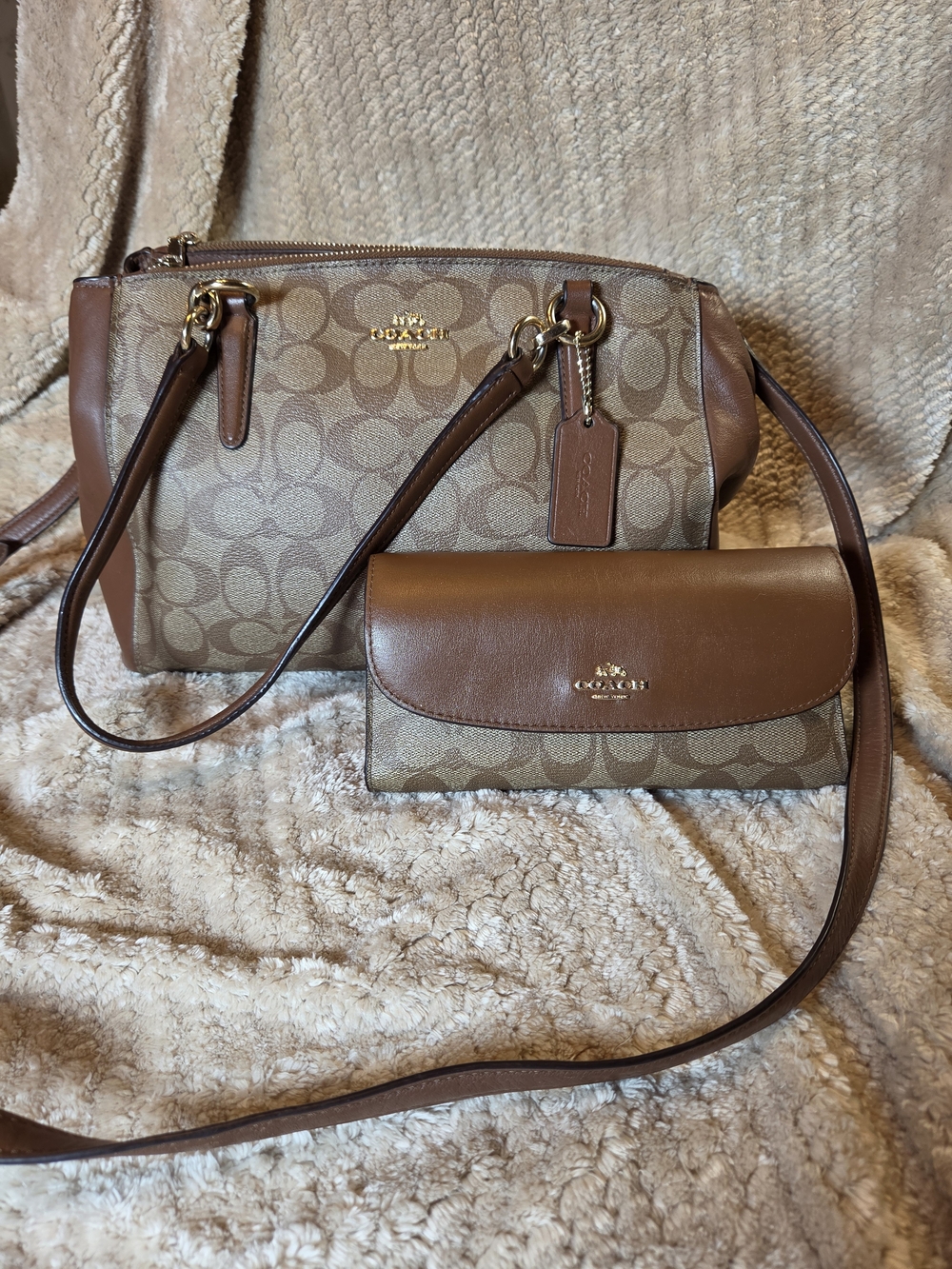 Coach Tan and Brown Signature Canvas Shoulder Bag with Matching Wallet
